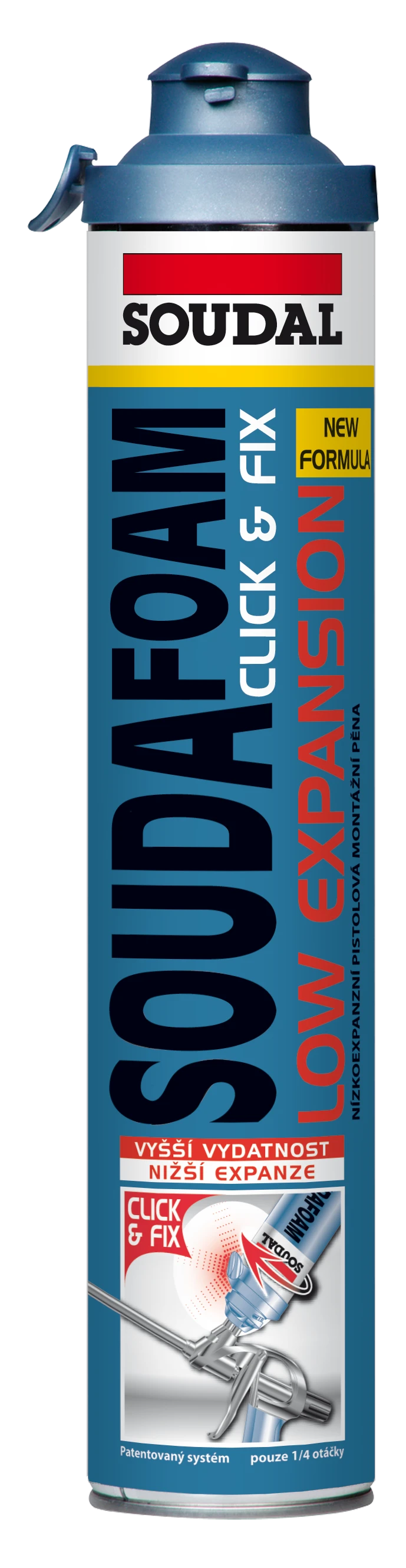 SOUDAFOAM_LOW_EXPANSION_CLICK_750ML_VIZ_1305 Click & Fix &ndash; up&iacute;nac&iacute; syst&eacute;m pro aplikaci pistolov&yacute;ch pěn